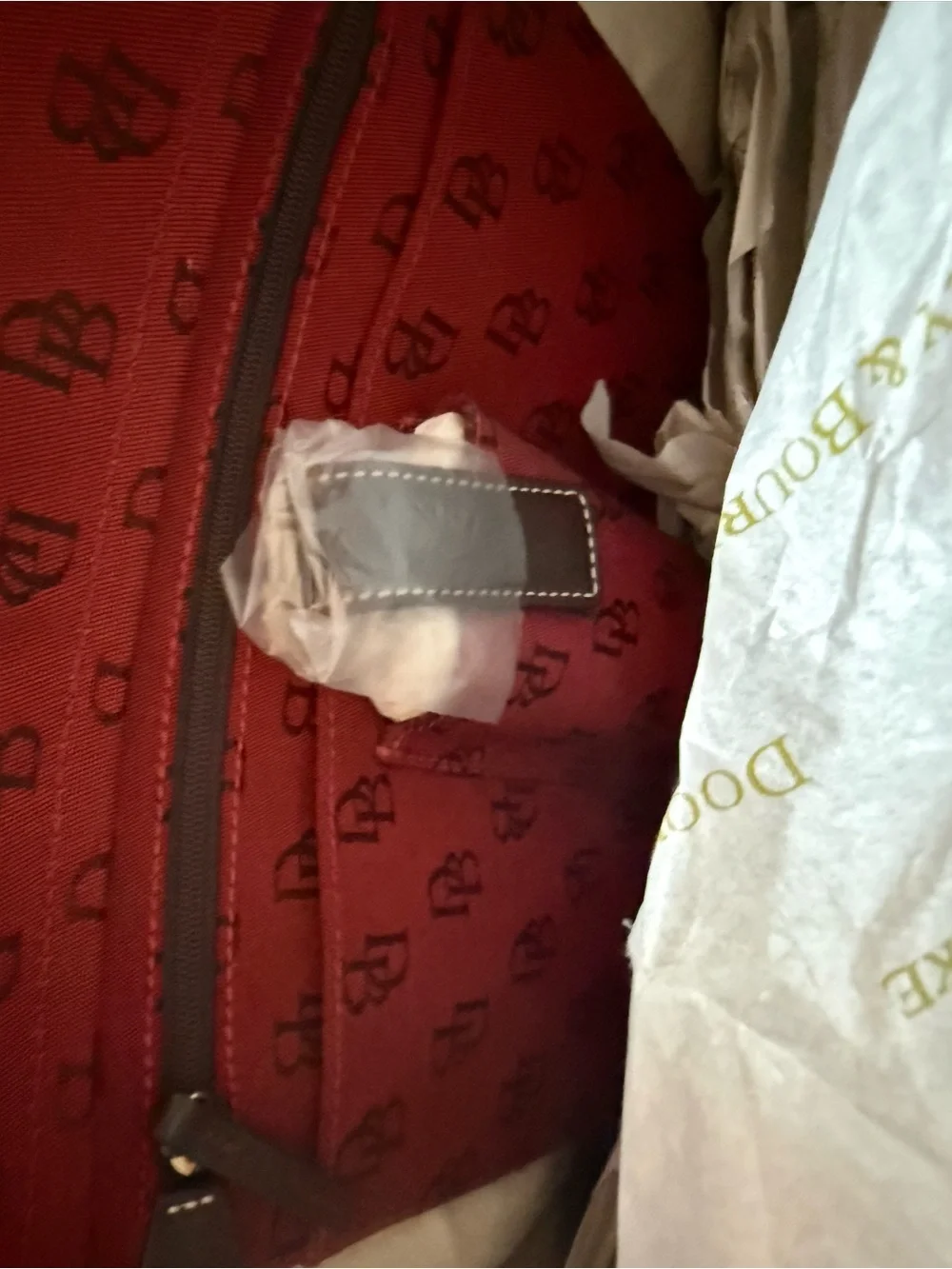 Dooney & Bourke Red Logo Canvas Tote with Brown Leather Trim